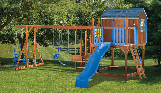 Amish Wood Swingset - 6’x8′ with 4’x6′ Playhouse, 5′ Deck Height, Plastic Glider, 2 Belt Swings, Bucket Swing