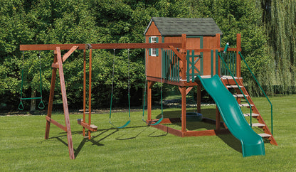 Amish Wood Swingset - 6’x8′ with 4’x6′ Playhouse, 5′ Deck Height, Wood Glider, 2 Belt Swings