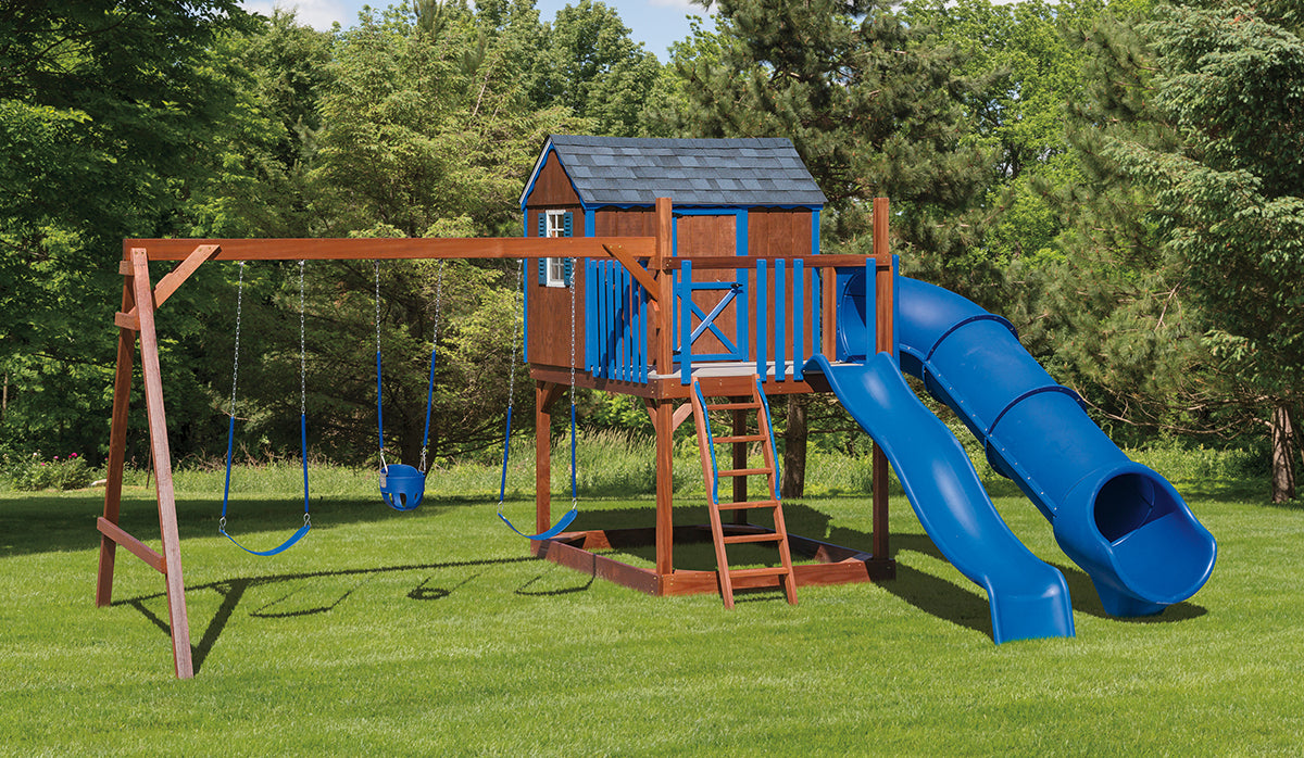 Amish Wood Swingset - 6’x8′ with 4’x6′ Playhouse, 5′ Deck Height, 3-Position Single Beam, 2 Belt Swings, Bucket Swing