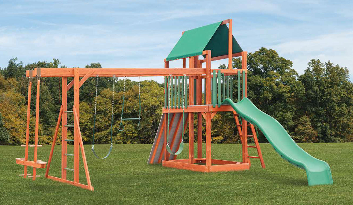 Amish Wood Swingset - 4’x6′, 5′ Deck Height, Monkey Bar, Wood Glider, 2 Belt Swings, Trapeze