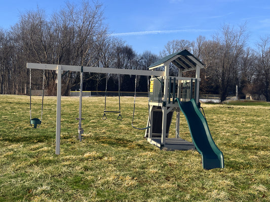 Amish Crafted Vinyl Swing Set | 4’x6′, 5′ Deck Height, 4-Position Single Beam | Trex Decking | Poly Spindles | Built To Last  | Premium Materials  | Weatherproof | Maintenance Free | No Splinters, Rust or Rot | 10 Year Warranty