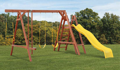 Amish Wood Swingset - 2’x2′, 5′ Deck Height, Wood Glider, 2 Belt Swings, Trapeze