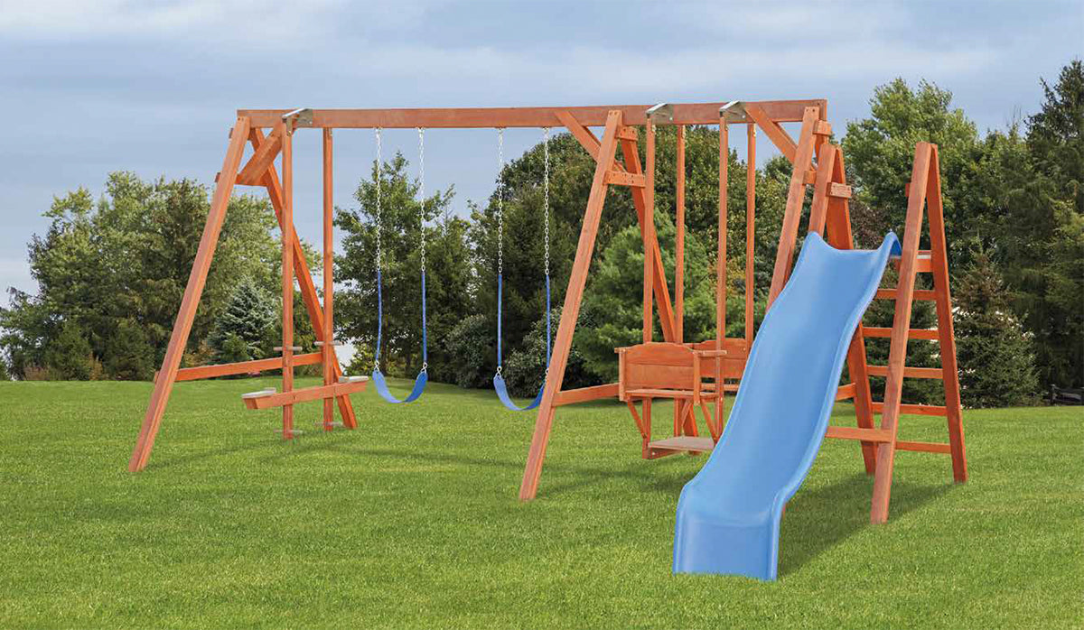 Amish Wood Swingset - 2’x2′, 5′ Deck Height, Lawn Swing, Wood Glider, 2 Belt Swings