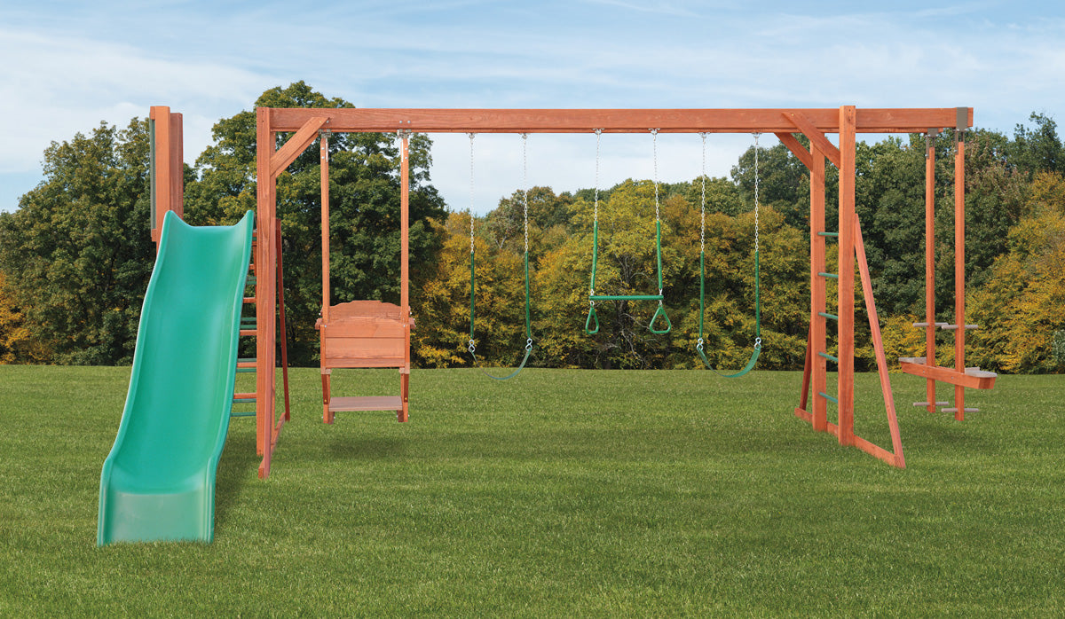 Amish Wood Swingset - 2’x2′, 5′ Deck Height, Trapeze, Lawn Swing, Wood Glider