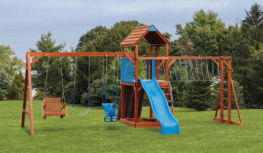 Amish Wood Swingset - 4’x6′, 5′ Deck Height, 1 Belt Swing, 1 Uni-Glider, 1 – 2′ Porch Swing