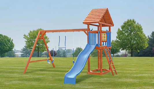 Amish Wood Swingset - 3’x5′, 5′ Deck Height, 2 Belt Swings, Trapeze