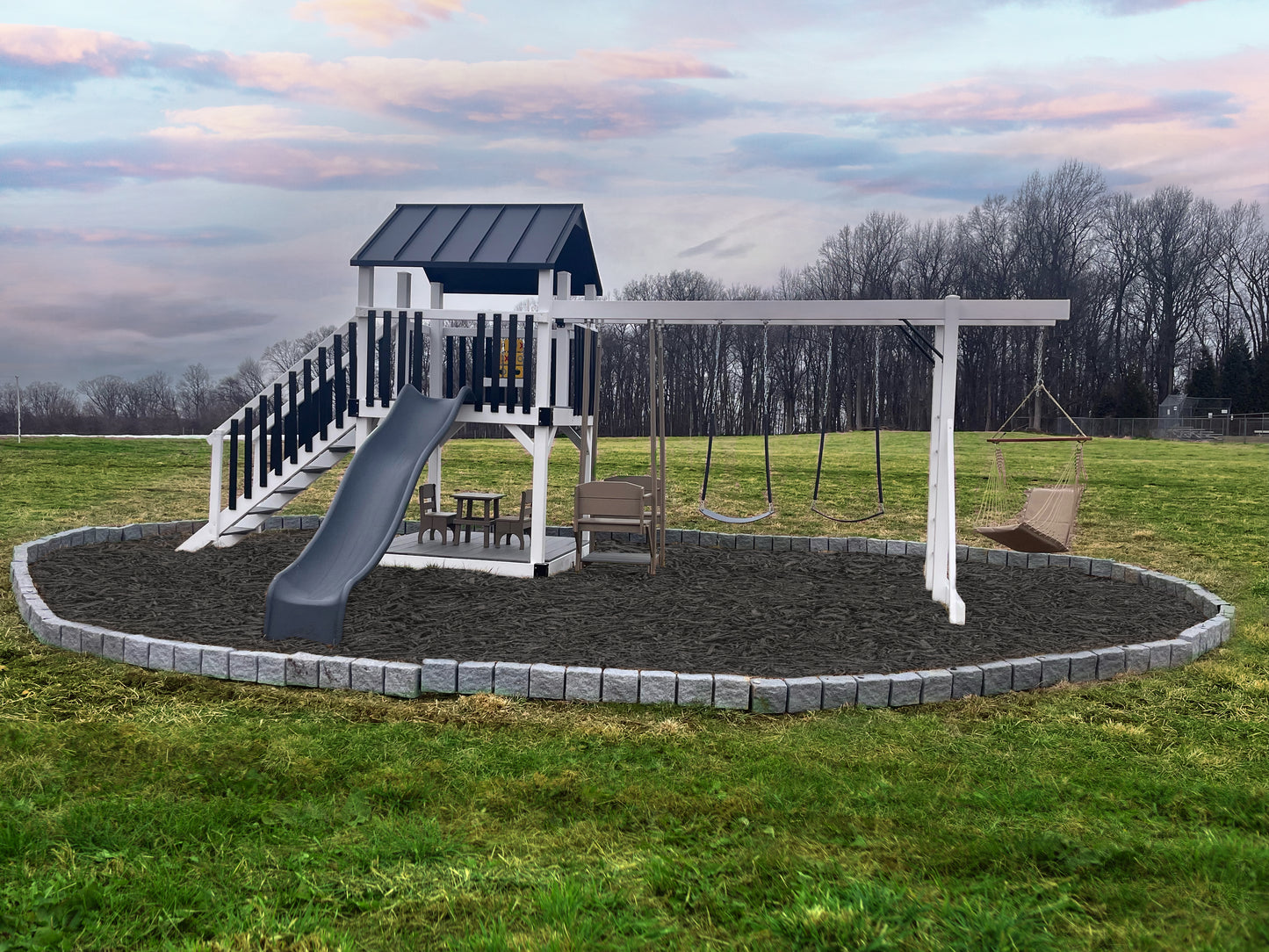 Amish Crafted Vinyl Swing Set | 3’x5′, 5′ Deck Height, 3-Position Single Beam | Trex Decking | Poly Spindles | Built To Last  | Premium Materials  | Weatherproof | Maintenance Free | No Splinters, Rust or Rot | 10 Year Warranty