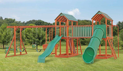 Amish Wood Swingset - 2 – 4’x6′ Towers, 5′ Deck Heights, Lawn Swing, Plastic Glider, 2 Belt Swings, Bucket Swing