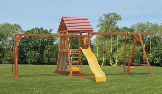 Amish Wood Swingset - 5’x5′, 5′ Deck, Wood Glider, 2 Belt Swings, Trapeze, Tire Swing