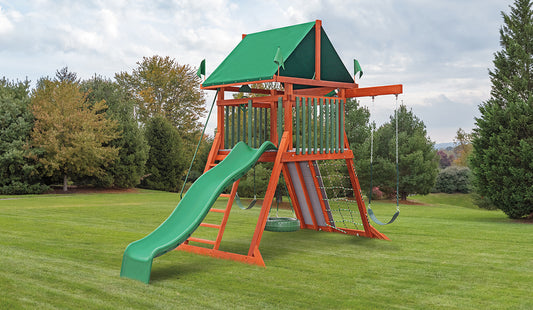 Amish Wood Swingset - 5’x5′, 5′ Deck Height, 2 Belt Swings, Tire Swing