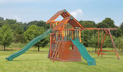 Amish Wood Swingset - 5’x8′ Split Level, 5′ & 7′ Deck Heights, Wood Glider, 2 Belt Swings, Trapeze