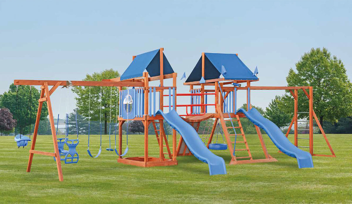 Amish Wood Swingset - 4’x6′ & 5’x5′ Towers, 5′ Deck Heights, Plastic Glider, 2 Belt Swings, Baby Swing, Tire Swing