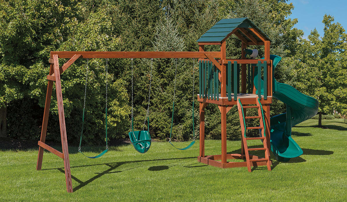 Amish Wood Swingset - 4’x4′, 5′ Deck Height, Heavy-Duty Baby Swing, 2 Belt Swings