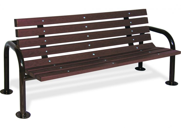 Recycled Double-Post Countour Park Bench (8-Slat) 6' PARK BENCH, 8-SLAT, 2" x 4" PLANKS, SURFACE MOUNT, BROWN RECYCLED PLASTIC